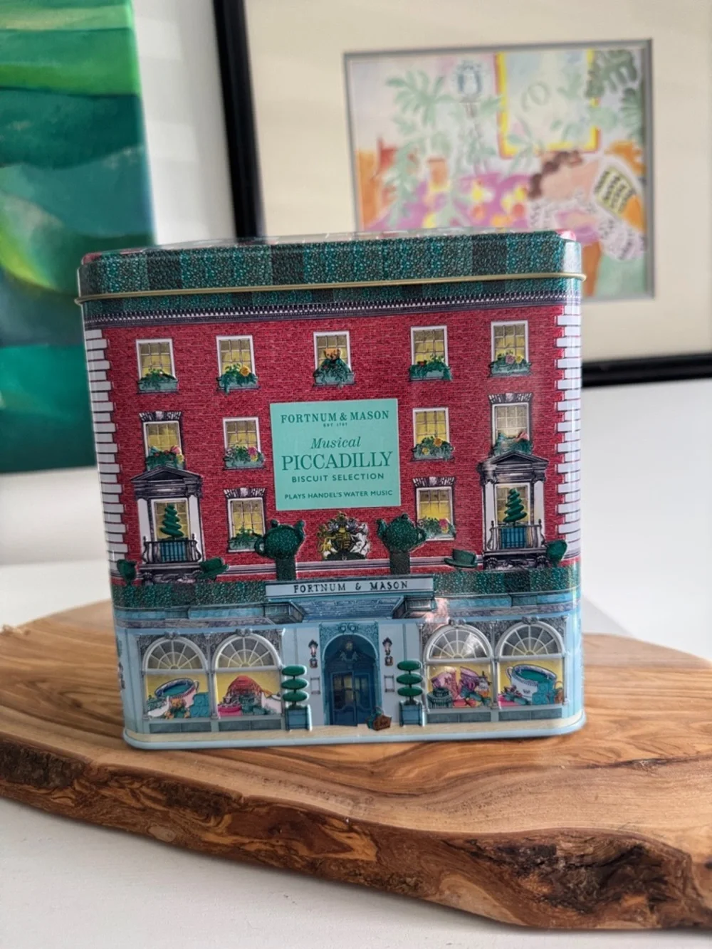 Fortnum & Mason Decorative Red and Teal Musical Piccadilly Biscuit Selection Tin